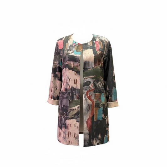 CHAQUETA LARGA ESTAMPADA EFECTO ANTE