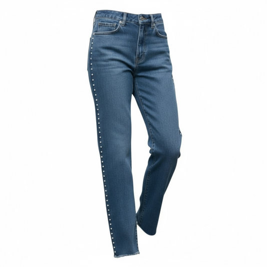 JEANS TIRO ALTO TACHAS